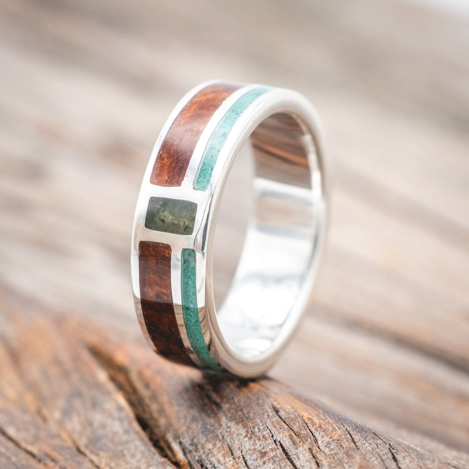 "BOWER" - REDWOOD, MALACHITE & MOSS AGATE WEDDING BAND-Staghead Designs