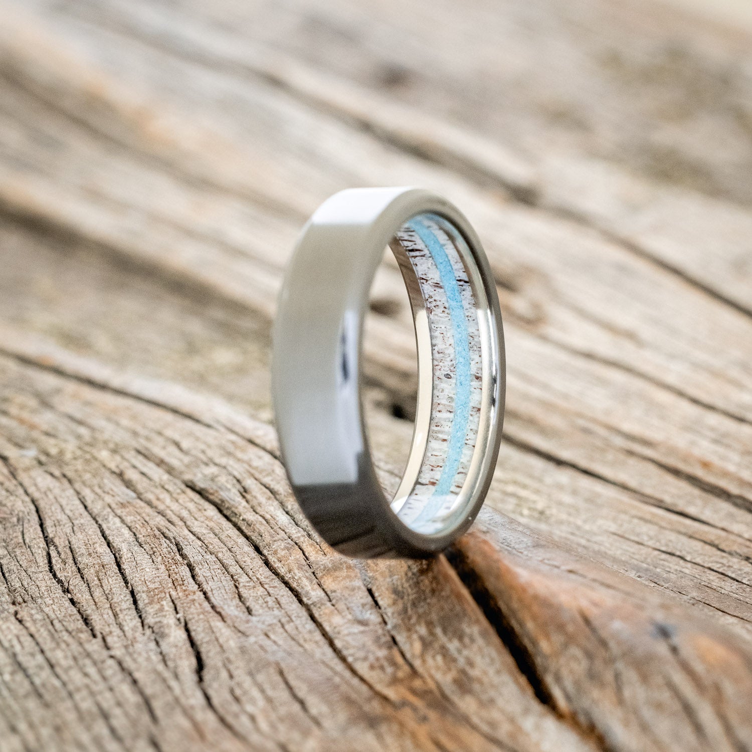 ANTLER LINED WEDDING BAND WITH OFF SET TURQUOISE-4