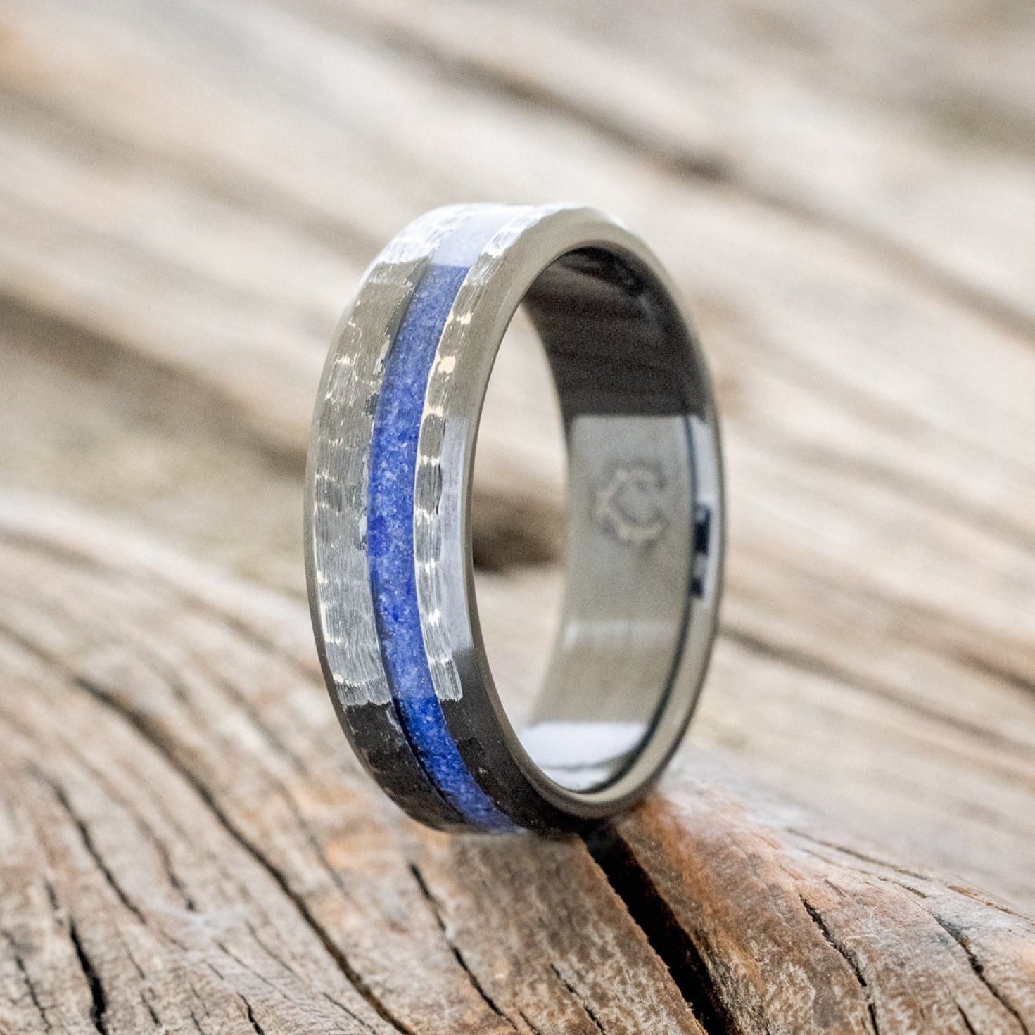 "VERTIGO" - HAMMERED LAPIS LAZULI WEDDING BAND-4