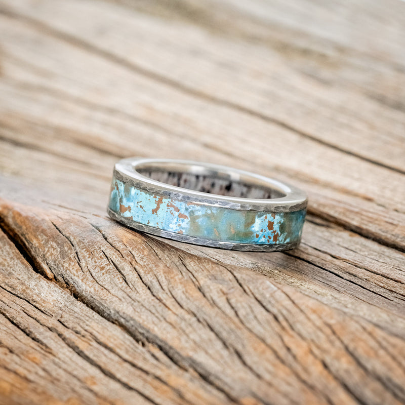 "RAINIER" - PATINA COPPER INLAY & ANTLER LINING WEDDING RING WITH A HAMMERED FINISH - 2