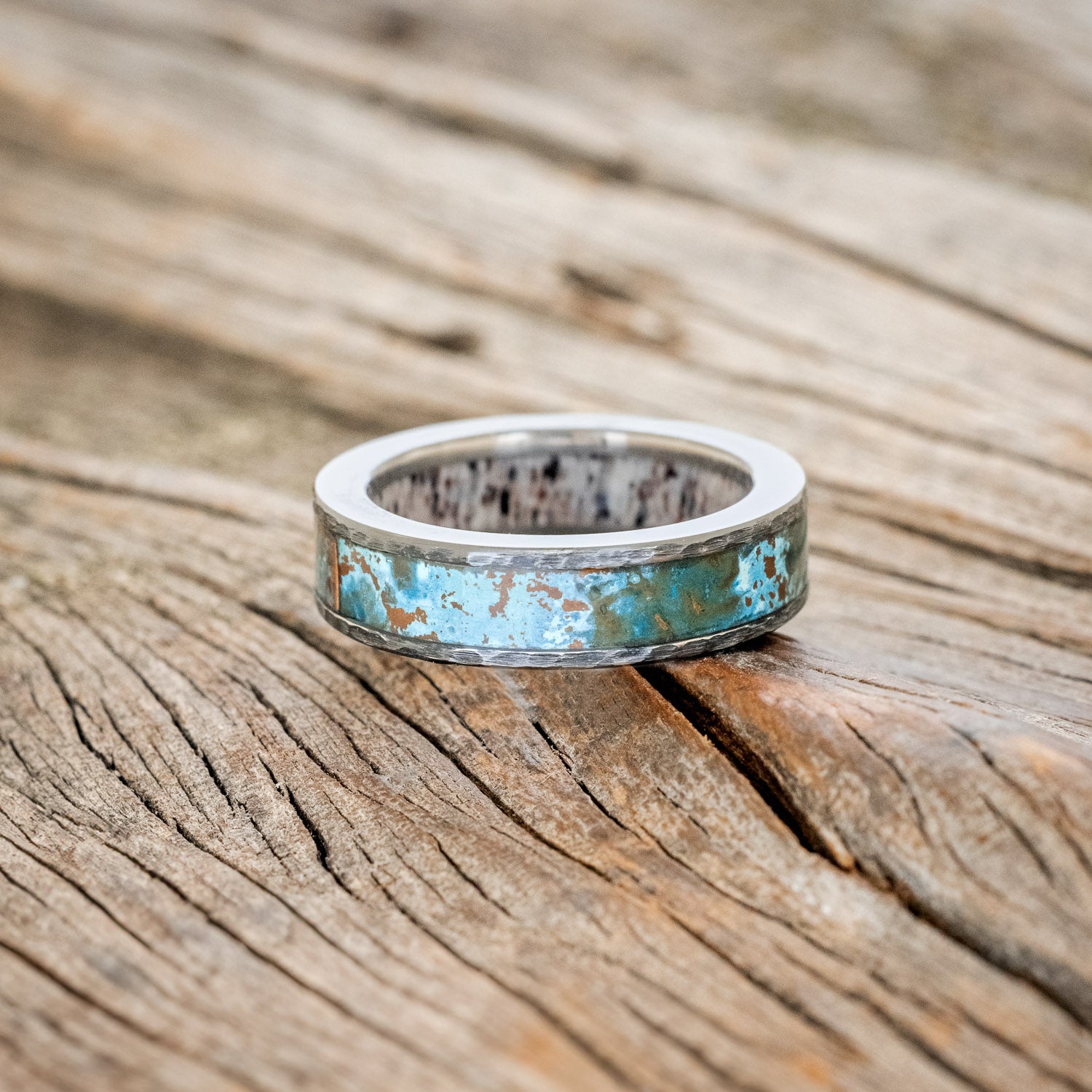 "RAINIER" - PATINA COPPER INLAY & ANTLER LINING WEDDING RING WITH A HAMMERED FINISH-3