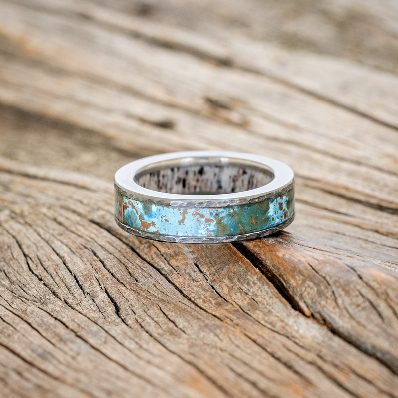 "RAINIER" - PATINA COPPER INLAY & ANTLER LINING WEDDING RING WITH A HAMMERED FINISH - 3