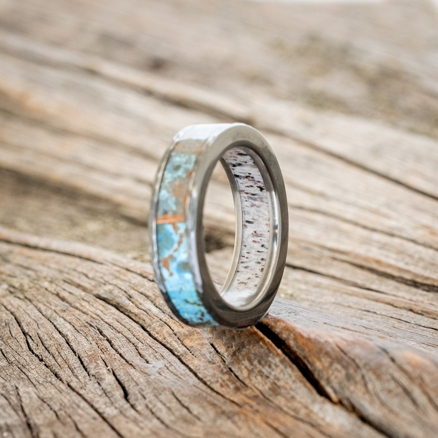 "RAINIER" - PATINA COPPER INLAY & ANTLER LINING WEDDING RING WITH A HAMMERED FINISH-4