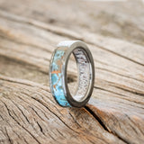"RAINIER" - PATINA COPPER INLAY & ANTLER LINING WEDDING RING WITH A HAMMERED FINISH - 4