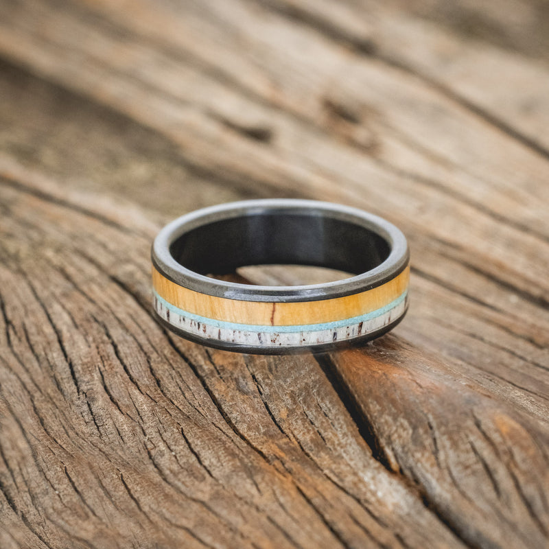 "RAINIER" - SPALTED MAPLE, ANTLER & TURQUOISE WEDDING BAND-3