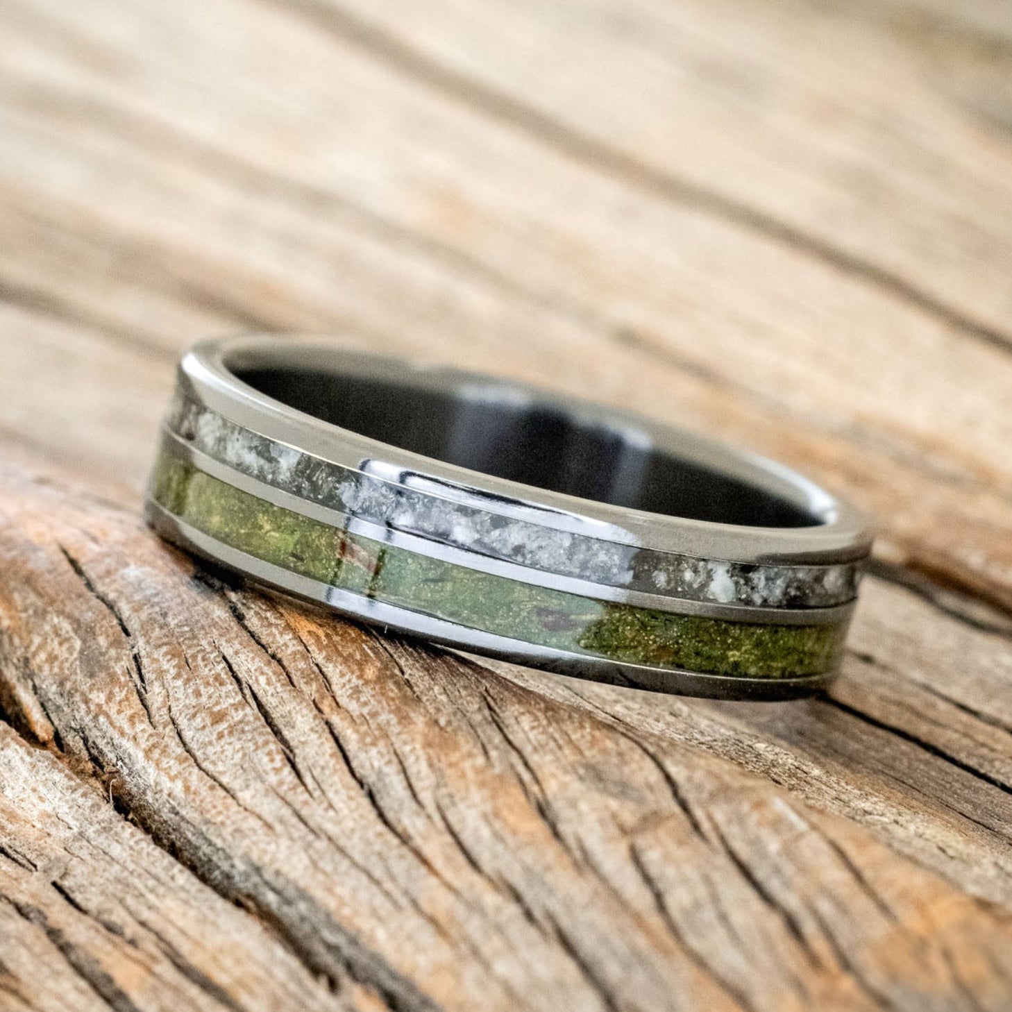 "RAPTOR" - MOSS WITH MOLDAVITE & MOONSTONE MIX WEDDING BAND-6