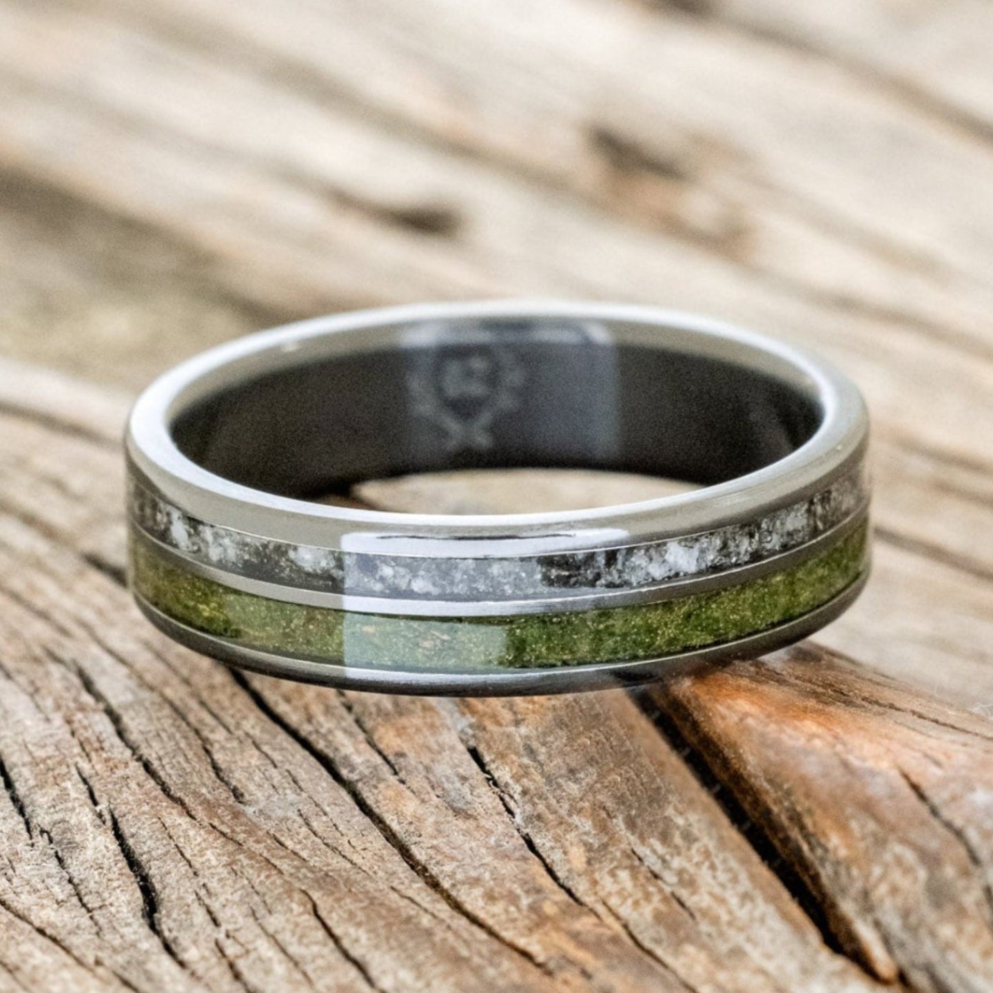 "RAPTOR" - MOSS WITH MOLDAVITE & MOONSTONE MIX WEDDING BAND-5