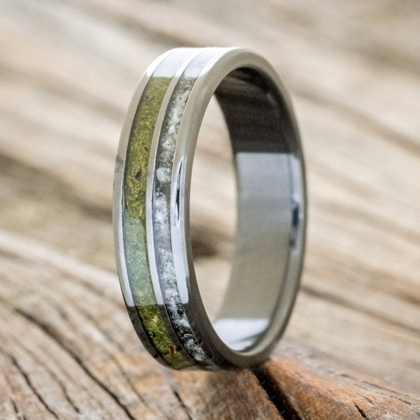 "RAPTOR" - MOSS WITH MOLDAVITE & MOONSTONE MIX WEDDING BAND-4
