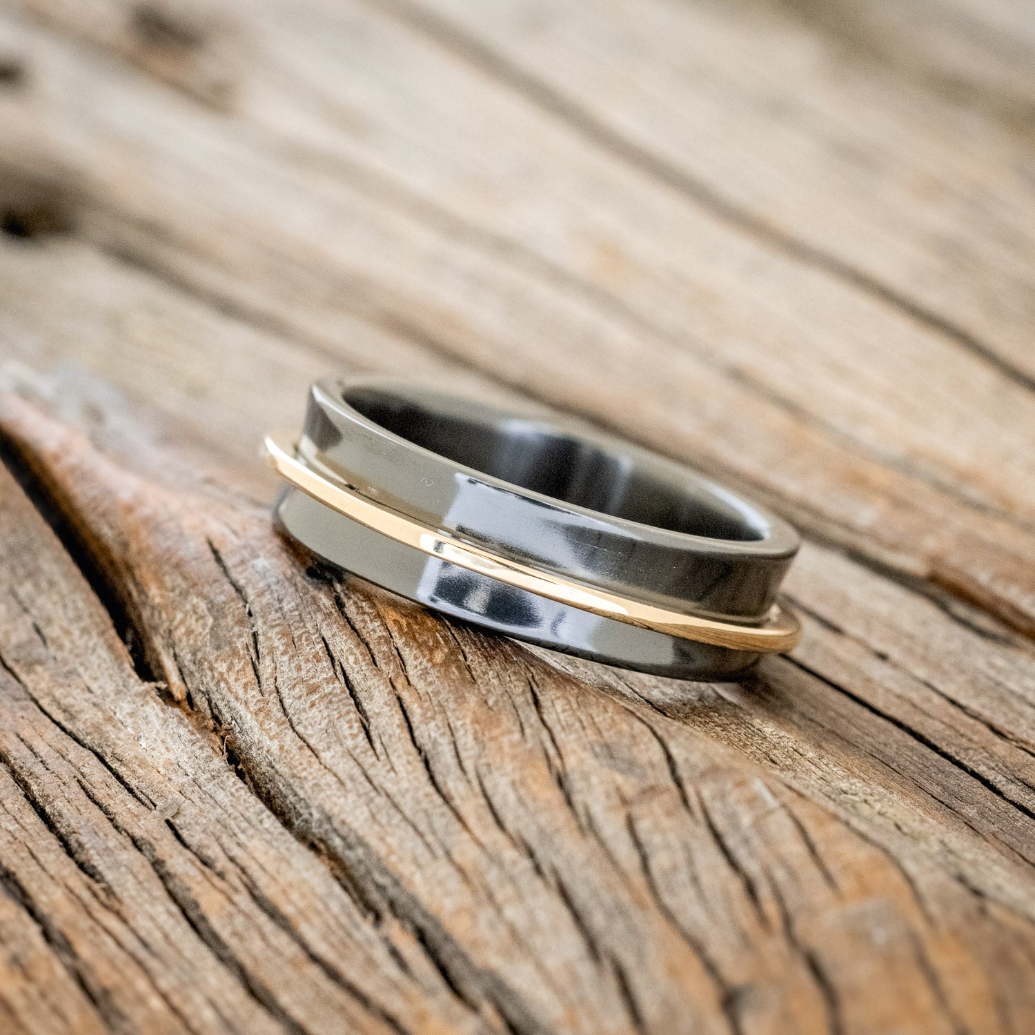 "ROTARY" - 14K GOLD SPINNER WEDDING RING FEATURING A CONCAVE BLACK ZIRCONIUM BAND-2