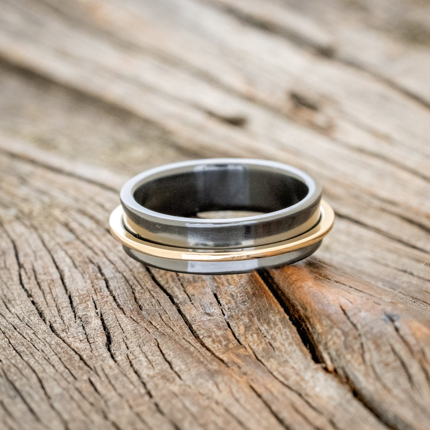 "ROTARY" - 14K GOLD SPINNER WEDDING RING FEATURING A CONCAVE BLACK ZIRCONIUM BAND-3