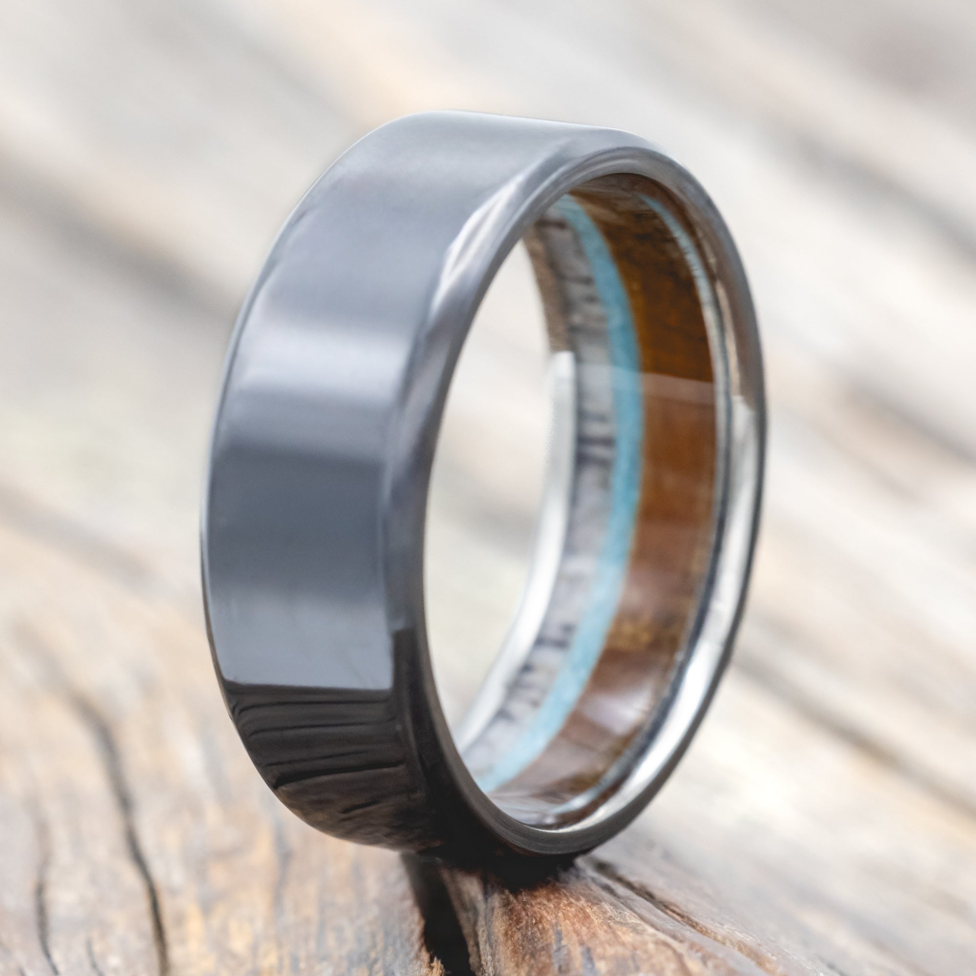 "ARGOS" - ANTLER, IRONWOOD & TURQUOISE LINED WEDDING BAND-Staghead Designs