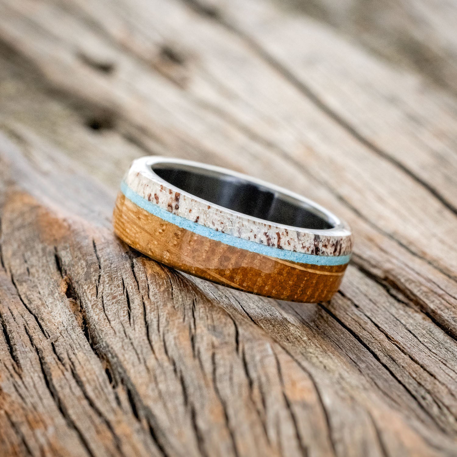 "ARGOS" - WHISKEY BARREL OAK, TURQUOISE & ANTLER WEDDING BAND - READY TO SHIP-8