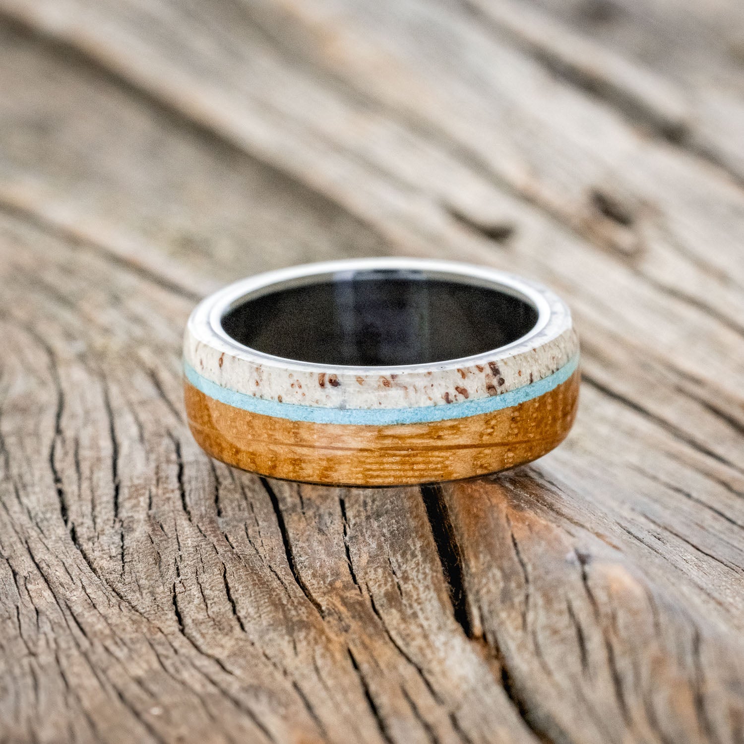 "ARGOS" - WHISKEY BARREL OAK, TURQUOISE & ANTLER WEDDING BAND - READY TO SHIP-9