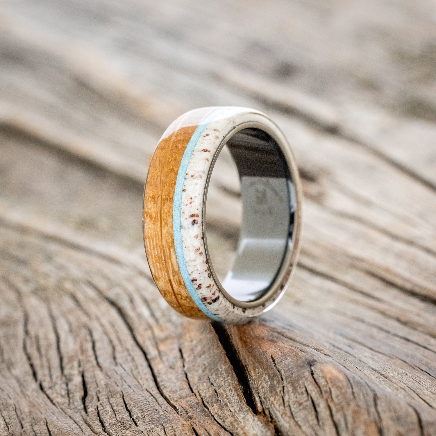 "ARGOS" - WHISKEY BARREL OAK, TURQUOISE & ANTLER WEDDING BAND - READY TO SHIP-7