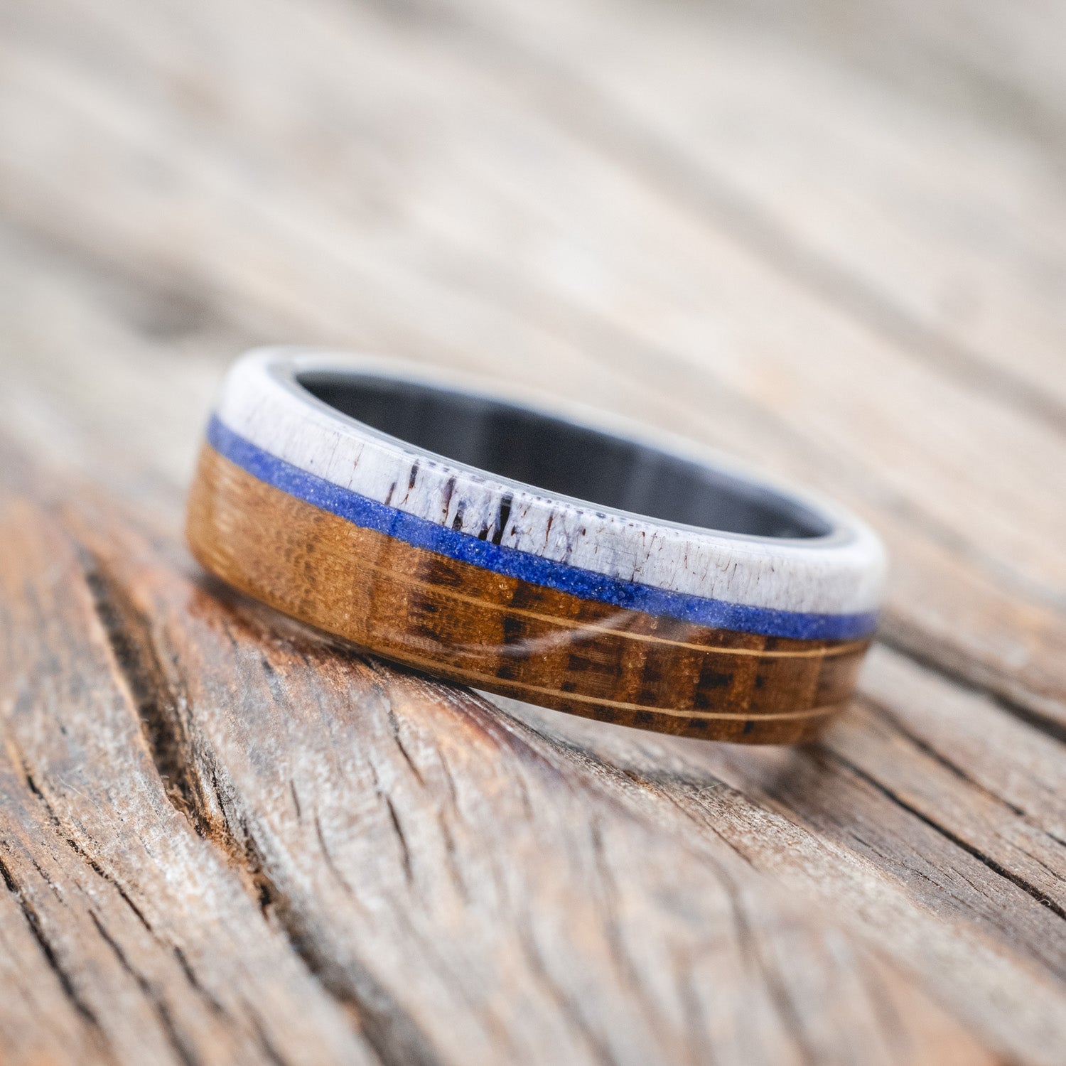 "ARGOS" - WHISKEY BARREL OAK, LAPIS LAZULI & ANTLER WEDDING BAND-Staghead Designs