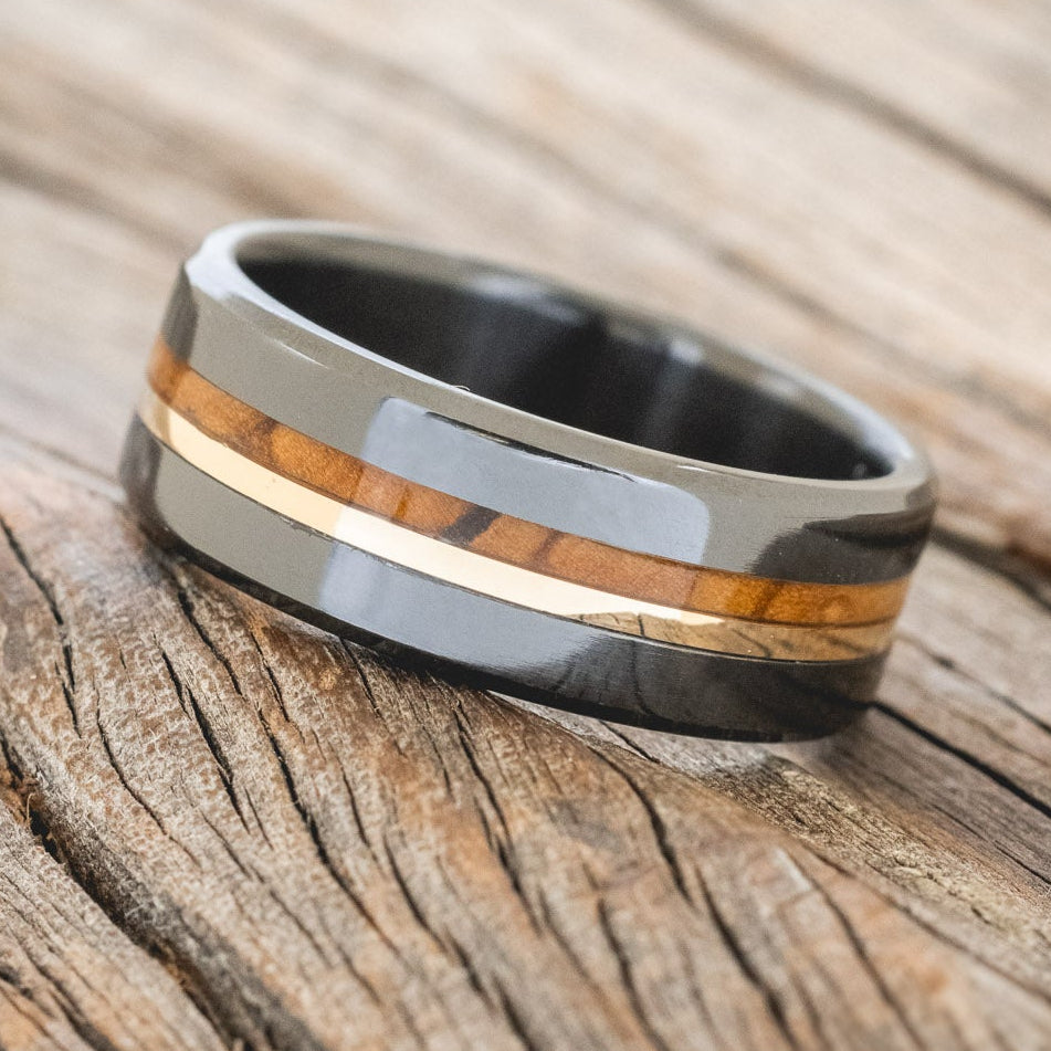 "ASHER" - BETHLEHEM OLIVE WOOD & A 14K GOLD INLAY WEDDING RING-2