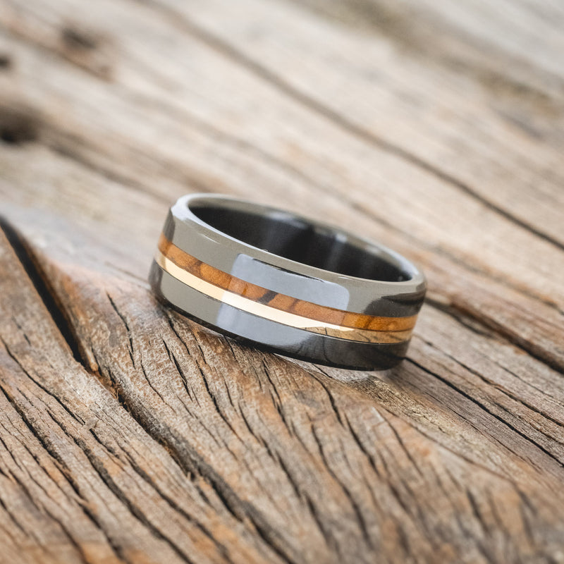 "ASHER" - BETHLEHEM OLIVE WOOD & A 14K GOLD INLAY WEDDING RING-2