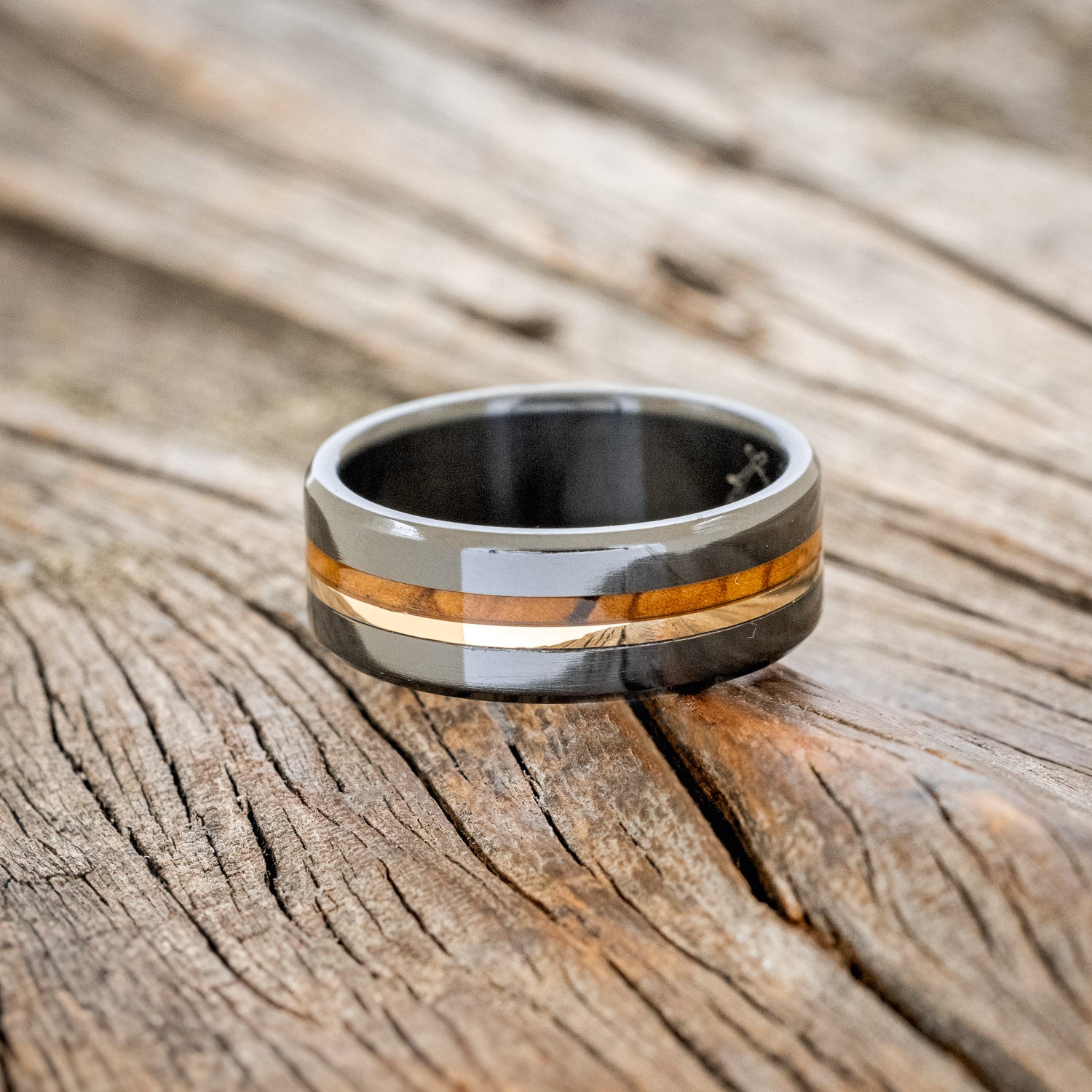 "ASHER" - BETHLEHEM OLIVE WOOD & A 14K GOLD INLAY WEDDING RING-3