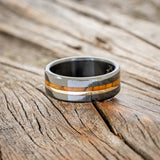 "ASHER" - BETHLEHEM OLIVE WOOD & A 14K GOLD INLAY WEDDING RING FEATURING A DAMASCUS STEEL BAND