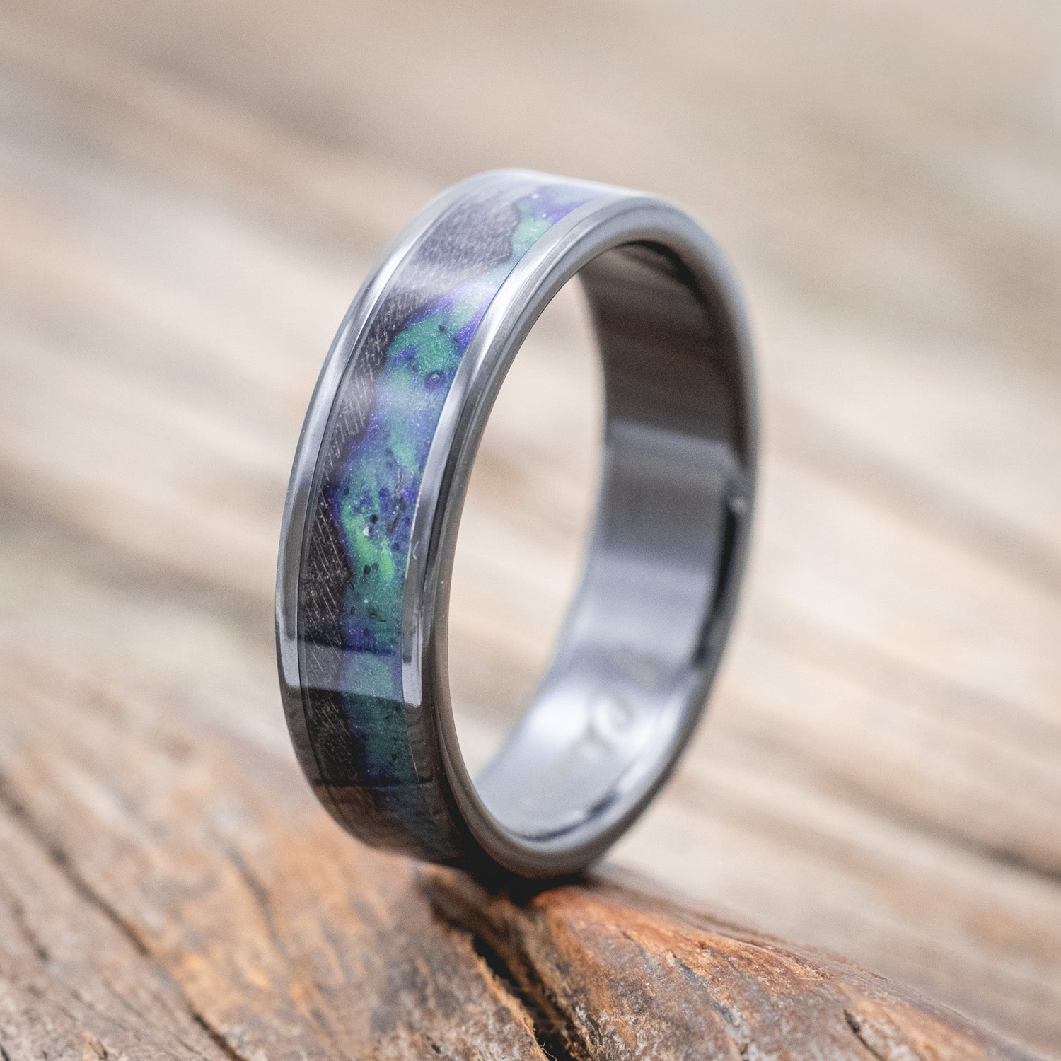 "BOREALIS" - MOUNTAIN ENGRAVED WEDDING RING WITH DARK MAPLE WOOD & GLOW IN THE DARK NORTHERN LIGHTS-Staghead Designs