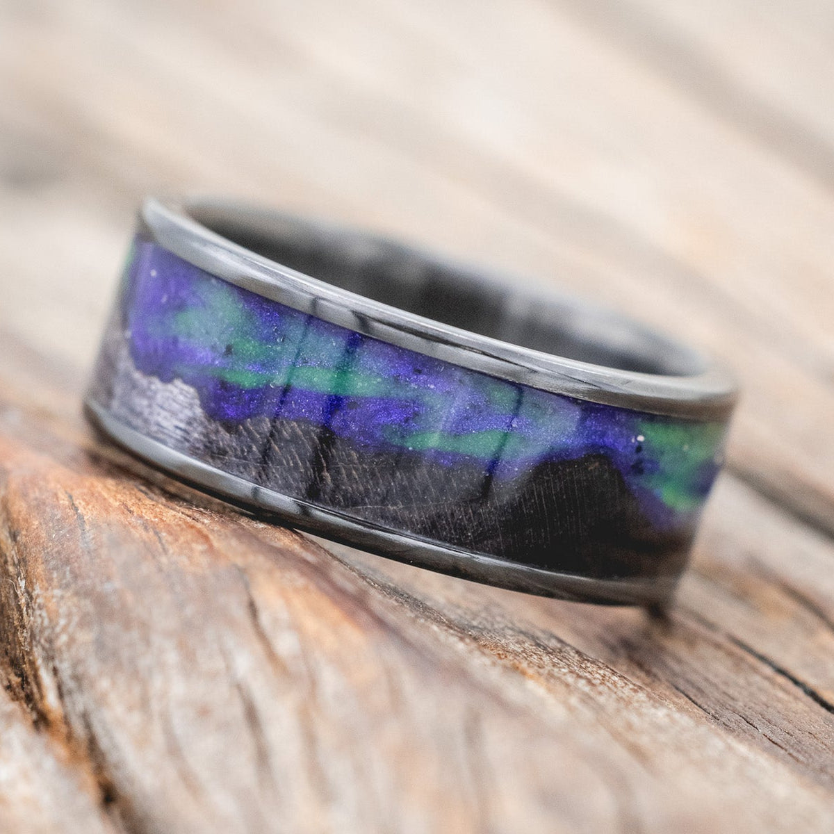 "BOREALIS" - MOUNTAIN ENGRAVED WEDDING RING WITH DARK MAPLE WOOD & GLOW IN THE DARK NORTHERN LIGHTS-Staghead Designs