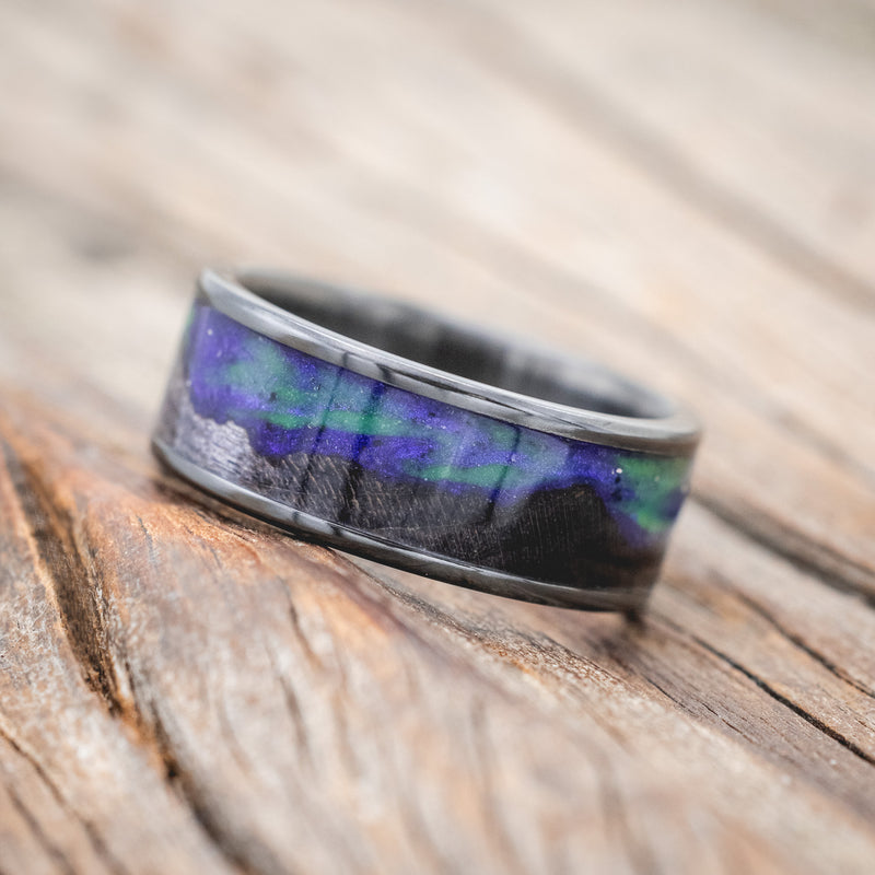 "BOREALIS" - MOUNTAIN ENGRAVED WEDDING RING WITH DARK MAPLE WOOD & GLOW IN THE DARK NORTHERN LIGHTS-Staghead Designs