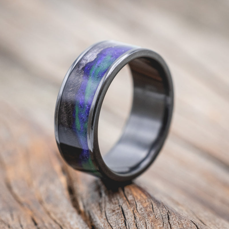 "BOREALIS" - MOUNTAIN ENGRAVED WEDDING RING WITH DARK MAPLE WOOD & GLOW IN THE DARK NORTHERN LIGHTS-Staghead Designs