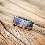 "BOREALIS" - MOUNTAIN ENGRAVED WEDDING RING WITH REDWOOD & GLOW IN THE DARK NORTHERN LIGHTS - BLACK ZIRCONIUM - SIZE 6 1/2-3