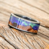 "BOREALIS" - MOUNTAIN ENGRAVED WEDDING RING WITH REDWOOD & GLOW IN THE DARK NORTHERN LIGHTS