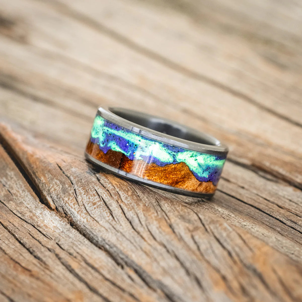 "BOREALIS" - MOUNTAIN ENGRAVED WEDDING RING WITH REDWOOD & GLOW IN THE DARK NORTHERN LIGHTS - BLACK ZIRCONIUM - SIZE 6 1/2-4