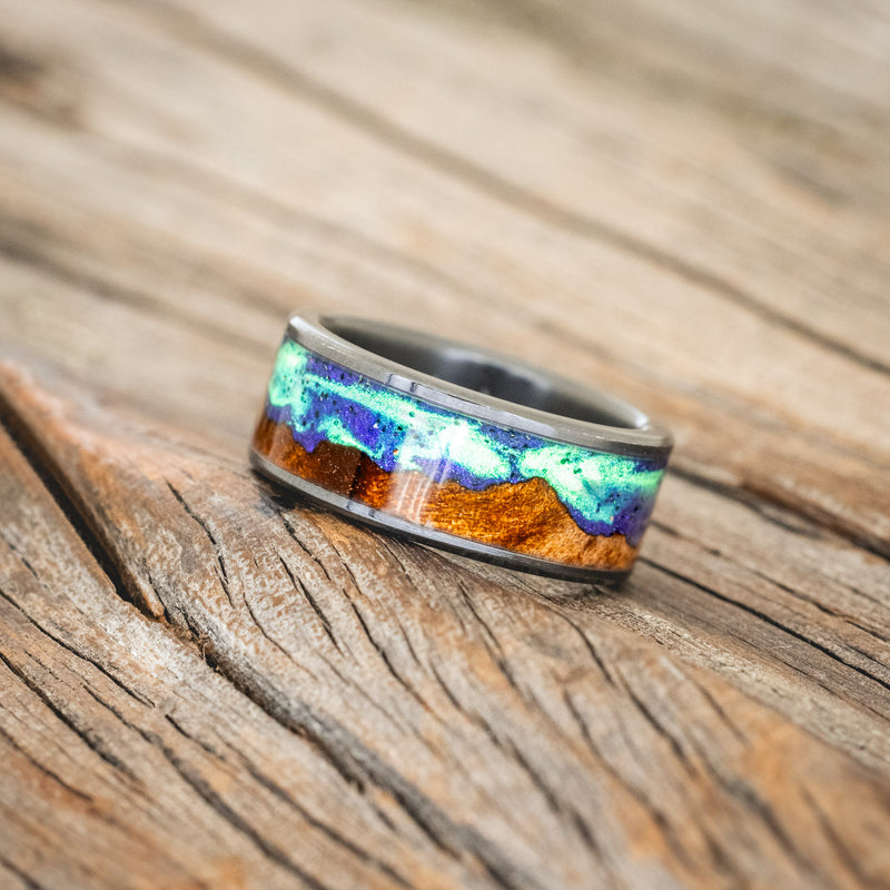 "BOREALIS" - MOUNTAIN ENGRAVED WEDDING RING WITH REDWOOD & GLOW IN THE DARK NORTHERN LIGHTS