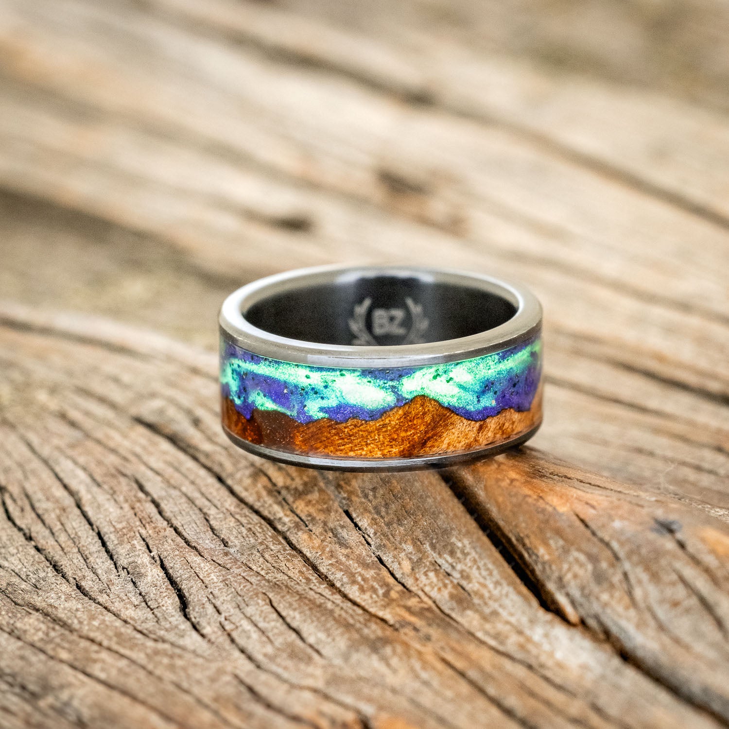 "BOREALIS" - MOUNTAIN ENGRAVED WEDDING RING WITH REDWOOD & GLOW IN THE DARK NORTHERN LIGHTS-6