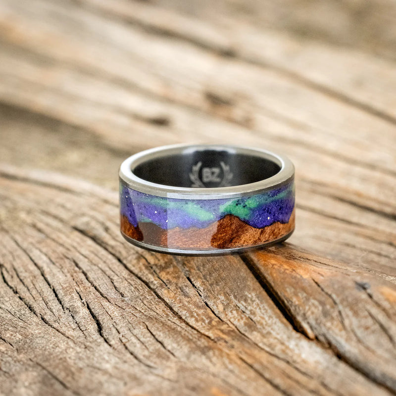 "BOREALIS" - MOUNTAIN ENGRAVED WEDDING RING WITH REDWOOD & GLOW IN THE DARK NORTHERN LIGHTS - BLACK ZIRCONIUM - SIZE 6 1/2-2