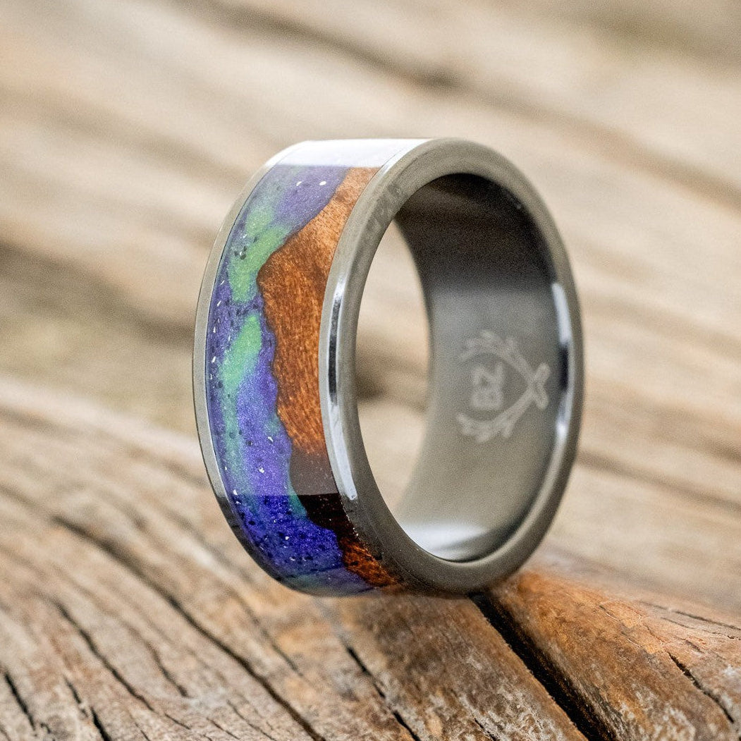 "BOREALIS" - MOUNTAIN ENGRAVED WEDDING RING WITH REDWOOD & GLOW IN THE DARK NORTHERN LIGHTS-2