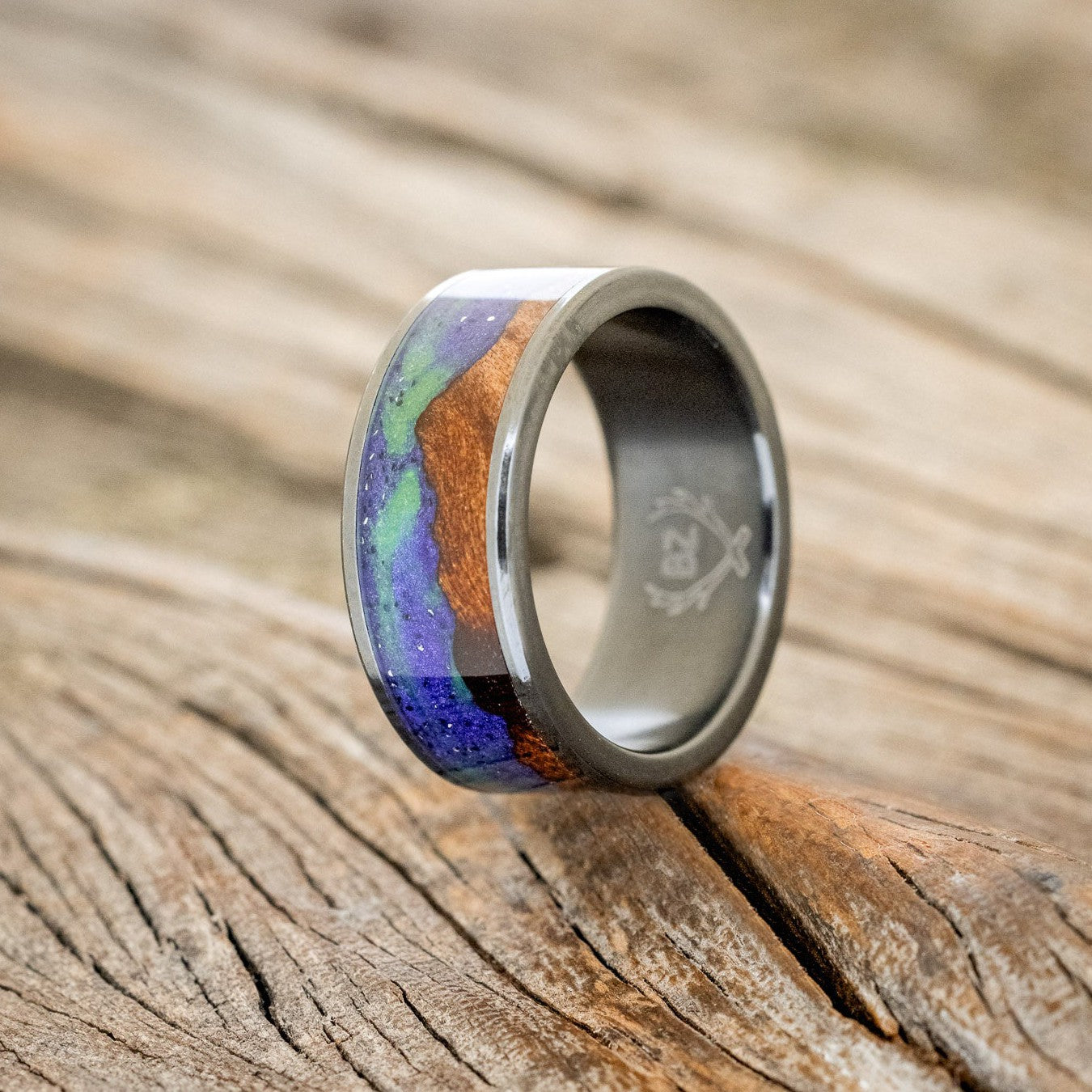 "BOREALIS" - MOUNTAIN ENGRAVED WEDDING RING WITH REDWOOD & GLOW IN THE DARK NORTHERN LIGHTS-2
