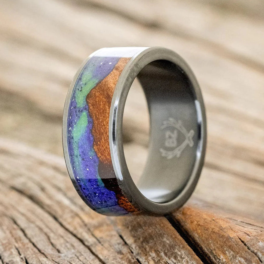 "BOREALIS" - MOUNTAIN ENGRAVED WEDDING RING WITH REDWOOD & GLOW IN THE DARK NORTHERN LIGHTS - BLACK ZIRCONIUM - SIZE 6 1/2-1