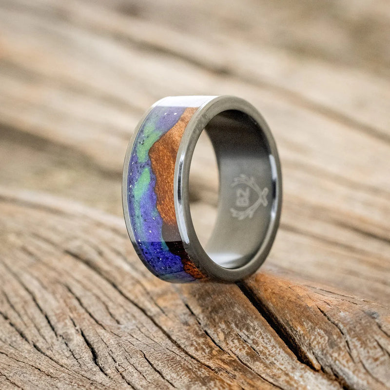 "BOREALIS" - MOUNTAIN ENGRAVED WEDDING RING WITH REDWOOD & GLOW IN THE DARK NORTHERN LIGHTS - BLACK ZIRCONIUM - SIZE 6 1/2-1