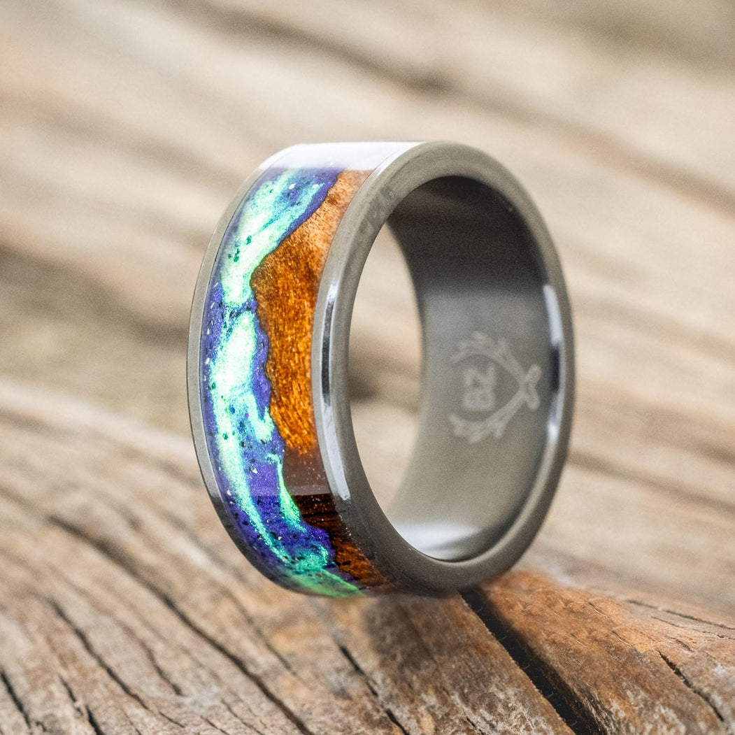 "BOREALIS" - MOUNTAIN ENGRAVED WEDDING RING WITH REDWOOD & GLOW IN THE DARK NORTHERN LIGHTS-4