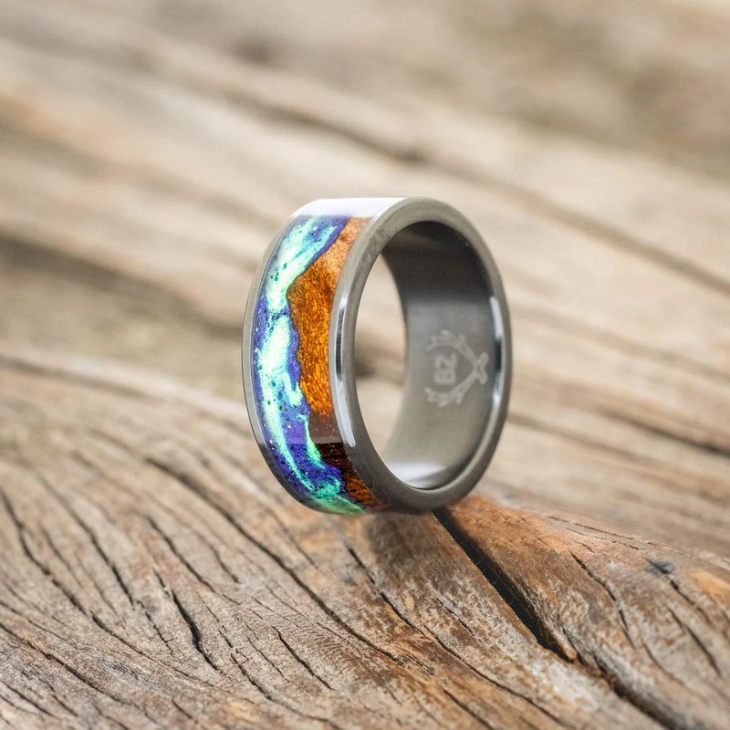 "BOREALIS" - MOUNTAIN ENGRAVED WEDDING RING WITH REDWOOD & GLOW IN THE DARK NORTHERN LIGHTS - BLACK ZIRCONIUM - SIZE 6 1/2-5