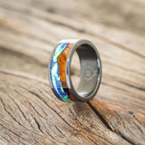 "BOREALIS" - MOUNTAIN ENGRAVED WEDDING RING WITH REDWOOD & GLOW IN THE DARK NORTHERN LIGHTS