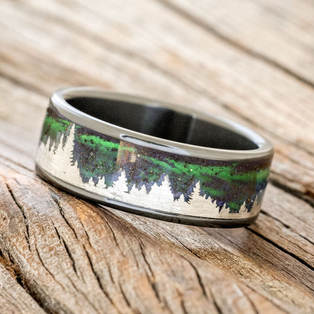 "BOREALIS" - SILVER TREES ENGRAVED WEDDING RING WITH GLOW IN THE DARK NORTHERN LIGHTS-11