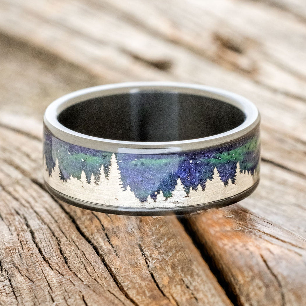 "BOREALIS" - SILVER TREES ENGRAVED WEDDING RING WITH GLOW IN THE DARK NORTHERN LIGHTS-9