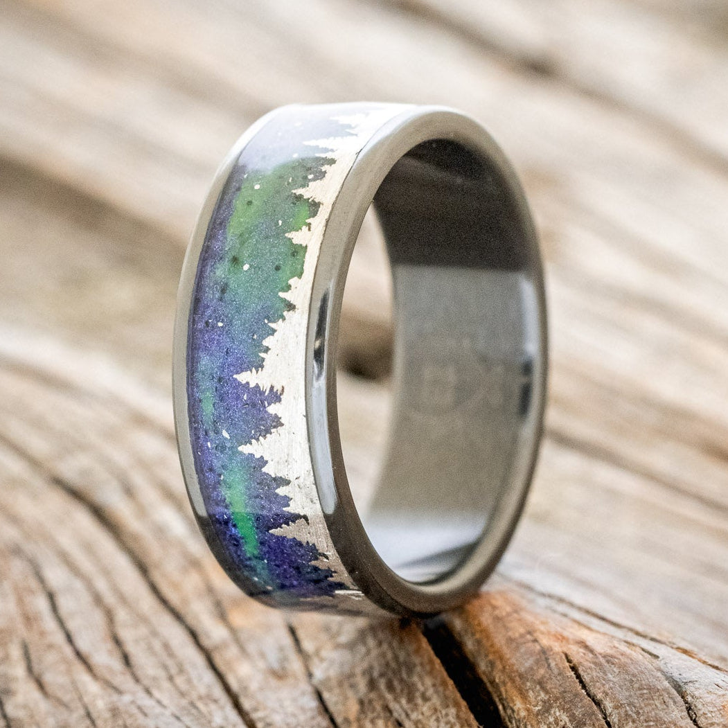 "BOREALIS" - SILVER TREES ENGRAVED WEDDING RING WITH GLOW IN THE DARK NORTHERN LIGHTS-7