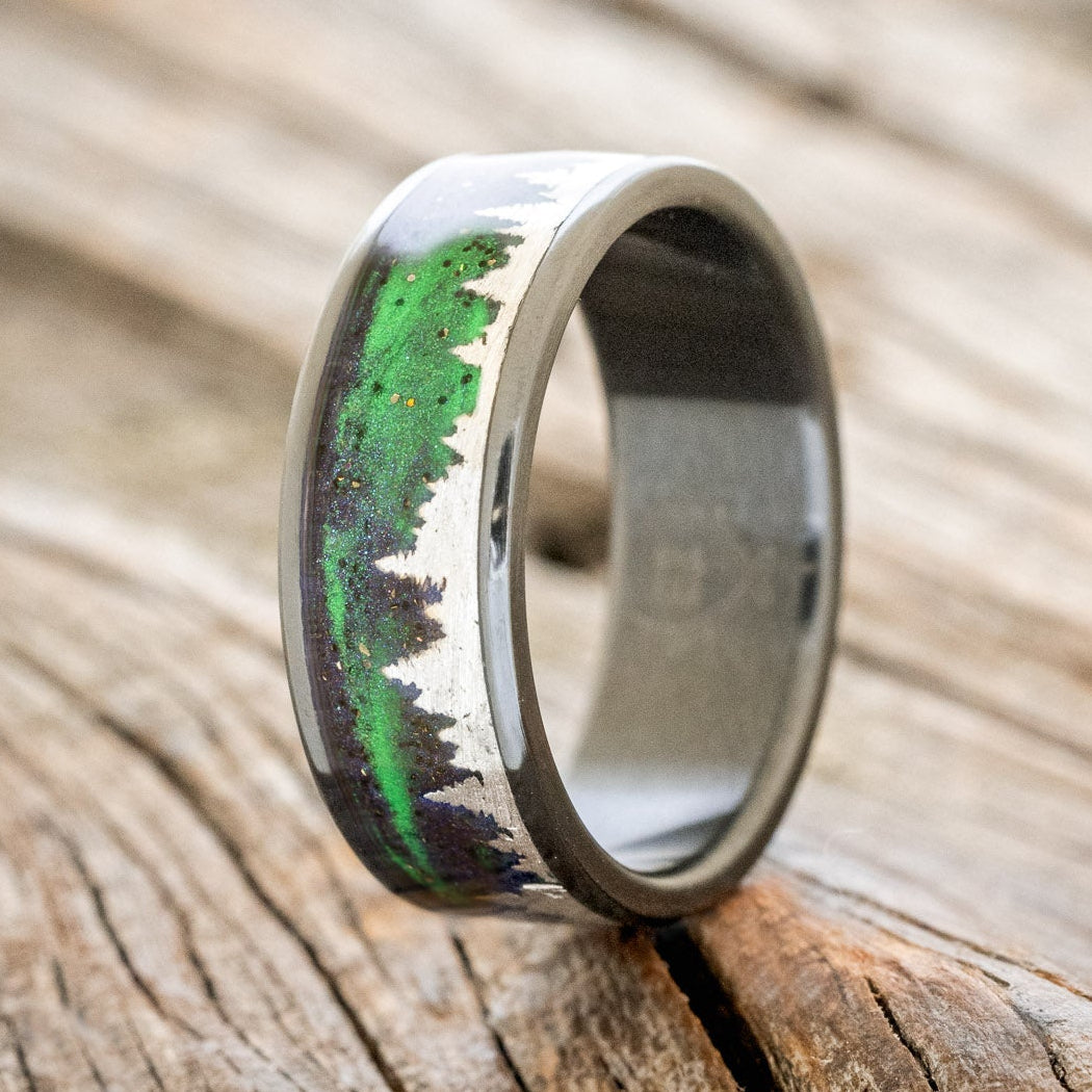 "BOREALIS" - SILVER TREES ENGRAVED WEDDING RING WITH GLOW IN THE DARK NORTHERN LIGHTS-10