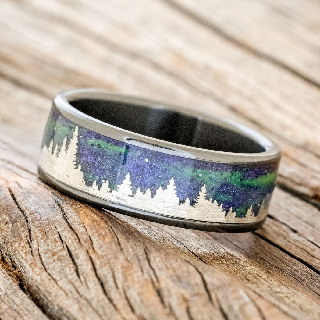 "BOREALIS" - SILVER TREES ENGRAVED WEDDING RING WITH GLOW IN THE DARK NORTHERN LIGHTS-8