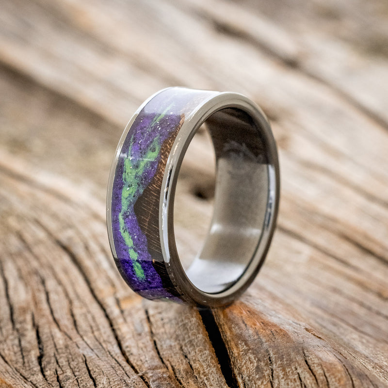 "BOREALIS" - MOUNTAIN ENGRAVED WEDDING RING WITH GLOW IN THE DARK NORTHERN LIGHTS-Staghead Designs