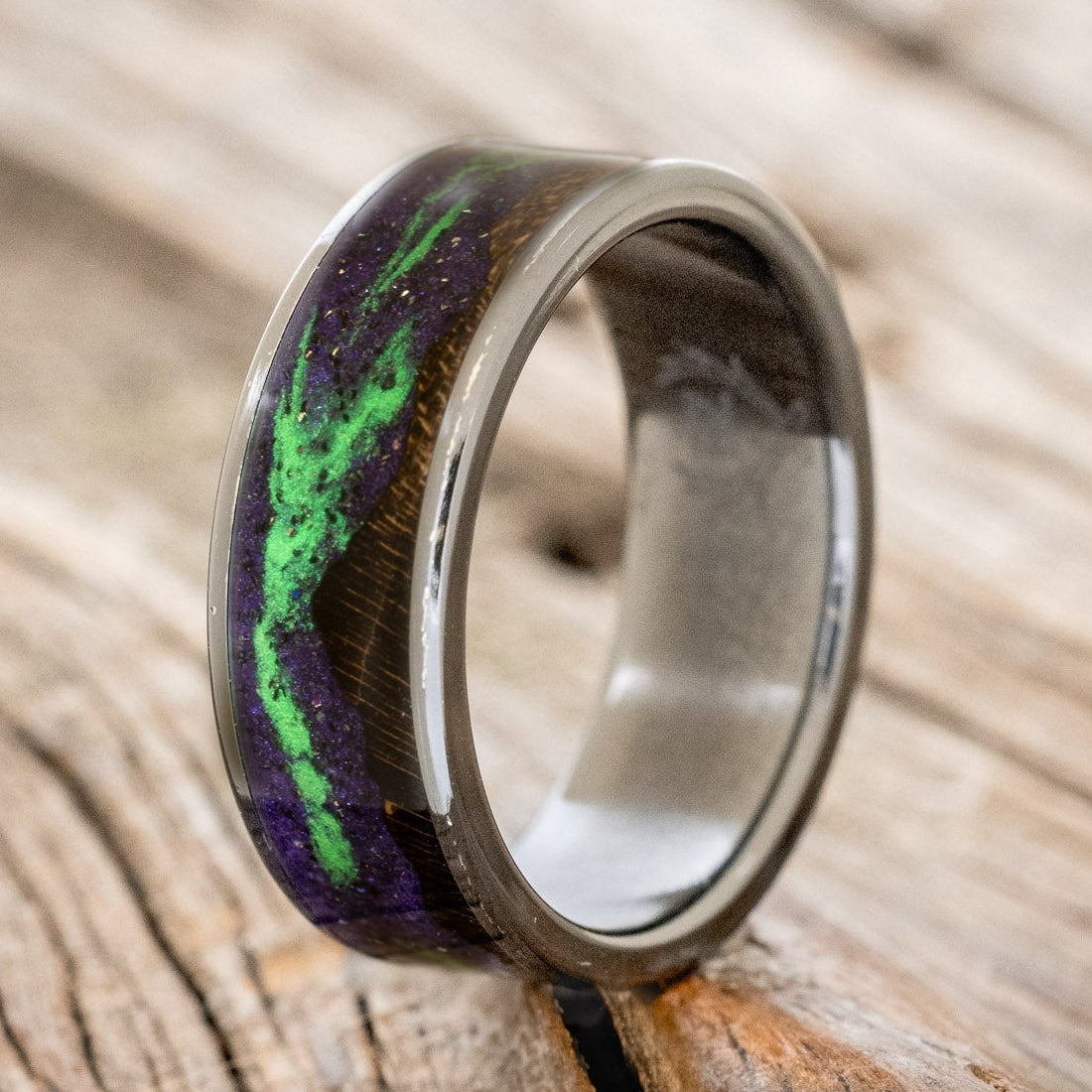 "BOREALIS" - MOUNTAIN ENGRAVED WEDDING RING WITH GLOW IN THE DARK NORTHERN LIGHTS-Staghead Designs