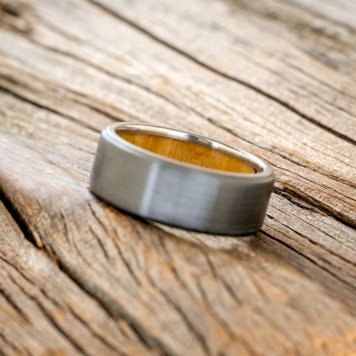 "Hyperion" - Spalted Maple Lined Wedding Band with Brushed Finish - Black Zirconium 8MM - Size 8 3/4
