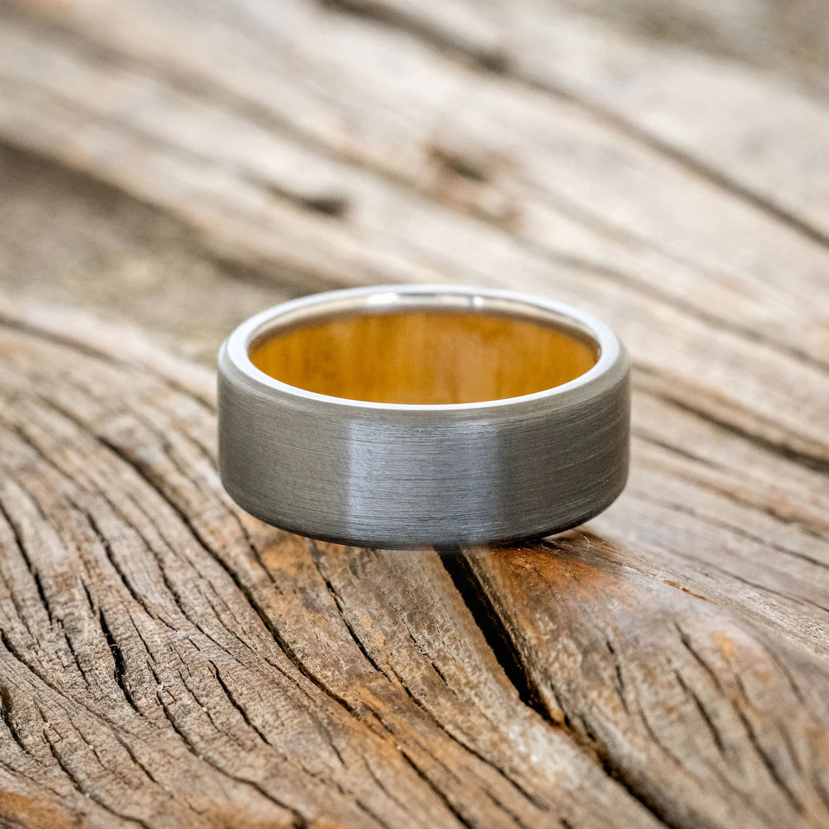 "Hyperion" - Spalted Maple Lined Wedding Band with Brushed Finish - Black Zirconium 8MM - Size 8 3/4