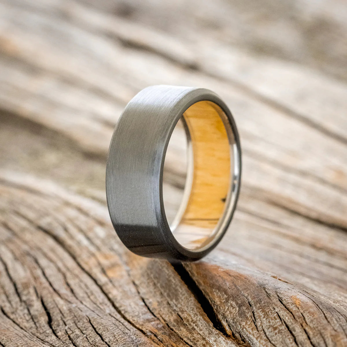 "Hyperion" - Spalted Maple Lined Wedding Band with Brushed Finish - Black Zirconium 8MM - Size 8 3/4